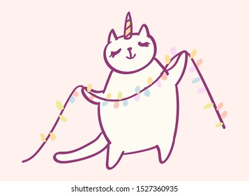 Cute cartoon character cat unicorn doing Christmas preparations, funny vector illustration. T-shirt card print graphic art.