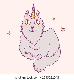 Cute cartoon character cat unicorn, funny magical hand drawn vector illustration. Tee, card print graphic art.