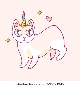 Cute cartoon character cat unicorn, funny magical hand drawn vector illustration. Tee, card print graphic art.