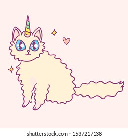 Cute cartoon character cat unicorn, funny magical hand drawn vector illustration. Tee, card print graphic art.