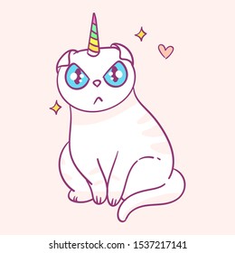 Cute cartoon character cat unicorn, funny magical hand drawn vector illustration. Tee, card print graphic art.