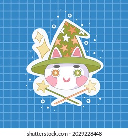 Cute cartoon character. Cat wizard. Witch hat. Magic wand. Sticker. Checkered background. 