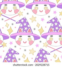Cute cartoon character. Cat wizard. Witch hat. Magic wand. Seamless vector pattern (background). 