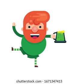 Cute cartoon character of a cheerful man with red hair and a glass of green beer. St. Patrick's Day. Flat style. Vector illustration.