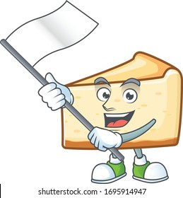 Cute cartoon character of cheese cake holding white flag