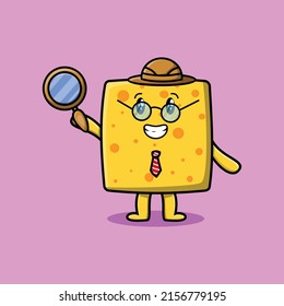 Cute cartoon character Cheese detective is searching with magnifying glass and cute style design