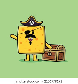 Cute cartoon character Cheese pirate with treasure box in modern style design