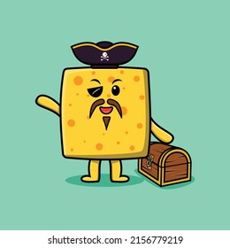 Cute cartoon character Cheese pirate with treasure box in modern style design