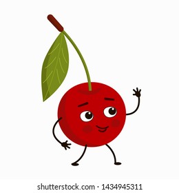 Cute Cartoon Character Cherry. Character Berry Welcomes, Waving His Hand. Vector Illustration