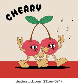 El personaje de dibujos animados lindo, cereza. Ilustración vectorial en estilo retro de los años 70.