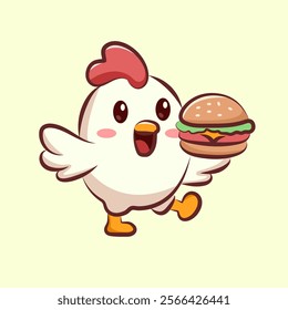 cute cartoon character chicken with one legs is run bring a burger. animal cartoon logo for elements, sticker