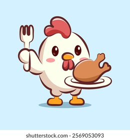 cute cartoon character chicken with a plate bring a fried chicken. animal cartoon logo for elements, sticker