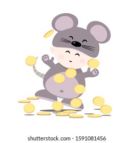 Cute cartoon character child in rat mascot with gold coins, isolated on white background. Concept for Rat year of 2020.