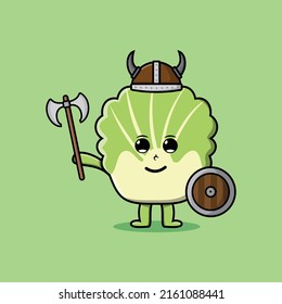 Cute cartoon character Chinese cabbage viking pirate with hat and holding ax and shield