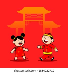 Cute cartoon character of chinese kids in front of gate.
