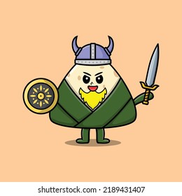 Cute cartoon character Chinese rice dumpling viking pirate with hat and holding sword and shield