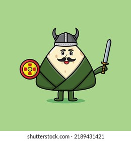 Cute cartoon character Chinese rice dumpling viking pirate with hat and holding sword and shield
