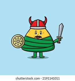 Cute cartoon character Chinese rice dumpling viking pirate with hat and holding sword and shield