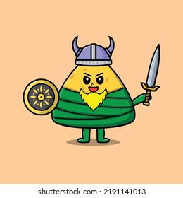 Cute cartoon character Chinese rice dumpling viking pirate with hat and holding sword and shield