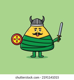 Cute cartoon character Chinese rice dumpling viking pirate with hat and holding sword and shield