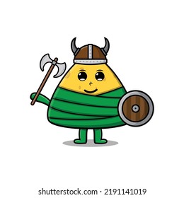 Cute cartoon character Chinese rice dumpling viking pirate with hat and holding ax and shield