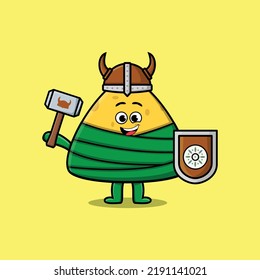 Cute cartoon character Chinese rice dumpling viking pirate with hat and holding hammer and shield