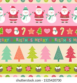 Cute cartoon character and christmas elements seamless pattern with striped background.