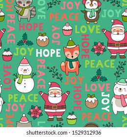 Cute cartoon character, christmas elements and words seamless pattern background.