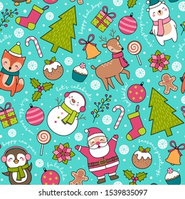 Cute cartoon character and christmas elements seamless pattern background.