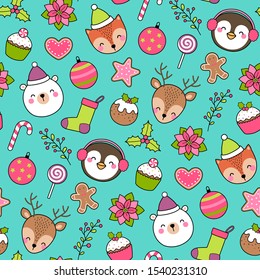 Cute cartoon character and christmas elements seamless pattern background.