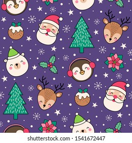 Cute cartoon character and christmas elements seamless pattern background.