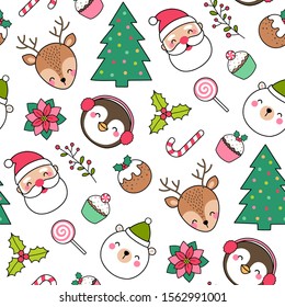 Cute cartoon character and christmas elements seamless pattern on white background.
