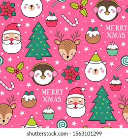 Cute cartoon character and christmas elements seamless pattern on pink background.