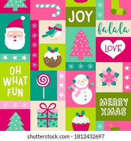 Cute cartoon character and christmas elements grid pattern design.