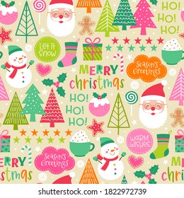 Cute cartoon character and christmas elements seamless pattern.