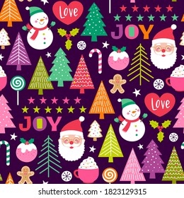 Cute cartoon character and christmas elements seamless pattern.