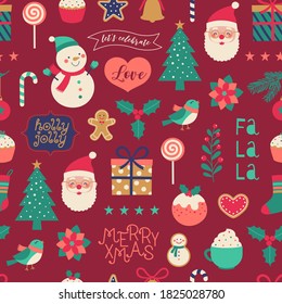 Cute cartoon character and christmas elements seamless pattern.