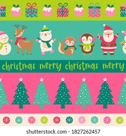 Cute cartoon character and christmas elements seamless pattern with striped background.