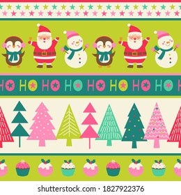 Cute cartoon character and christmas elements seamless pattern with striped background.