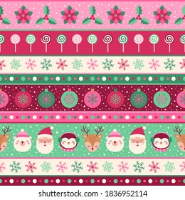 Cute Cartoon Charakter und Weihnachtselemente nahtlose Muster mit gestreiftem Hintergrund.