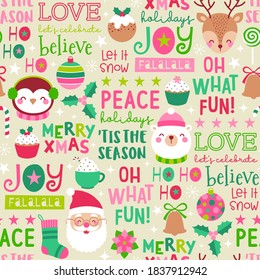 Cute cartoon character, christmas elements and typography design seamless pattern.