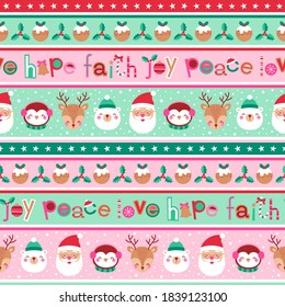 Cute cartoon character, christmas elements and typography design seamless pattern with striped background.