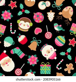 Cute cartoon character and christmas elements seamless pattern.