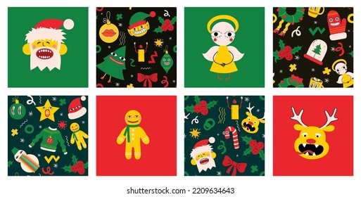 Cute cartoon character and christmas elements seamless pattern. Merry Christmas and Happy New Year 2023. Vector trendy abstract illustrations for holiday wallpaper, fabric