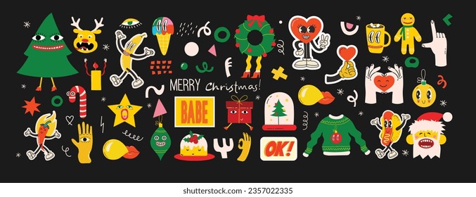 Cute cartoon character and christmas elements for cards, seamless pattern. Merry Christmas and Happy New Year 2024. Vector trendy abstract illustrations for holiday wallpaper, fabric