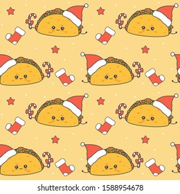 cute cartoon character christmas tacos with santa claus hat and candy cane seamless vector pattern background illustration