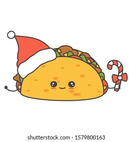 cute cartoon character christmas vector tacos with santa claus hat and candy cane isolated on white background