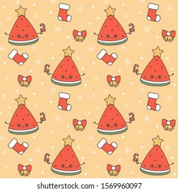 cute cartoon character christmas watermelon slice with candy cane and star on top seamless vector holiday pattern background  