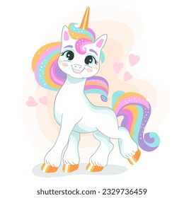 Cute cartoon character close up unicorn with a rainbow mane on a white background. Vector isolated illustration. For print, design, poster, sticker, card, decoration, t shirt