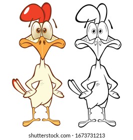 Cute Cartoon Character Cock. Coloring Book Outline 